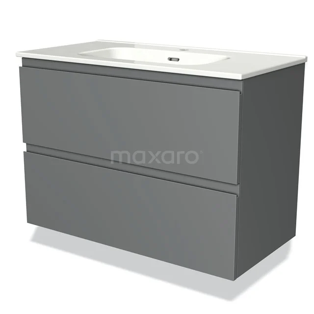 Grey bathroom furniture set with two drawers and a white ceramic basin, sleek design for modern bathrooms.