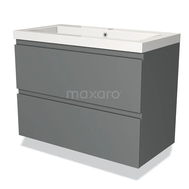 Grey bathroom furniture set with soft-close drawers and integrated white basin, modern design, ideal for bathroom storage.