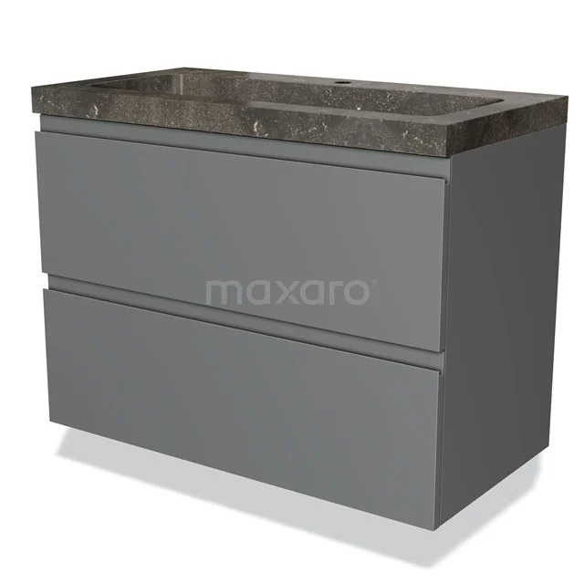 Graue Badmöbelset mit zwei Schubladen und einer dunklen Naturstein-Waschtischplatte, ideal für ein modernes Badezimmer.