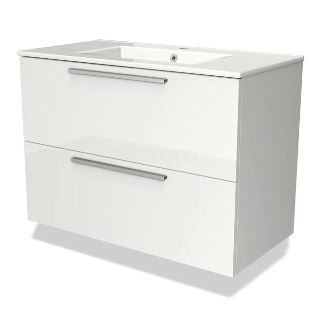 Wit badkamermeubel met twee lades, glanzende afwerking en geïntegreerde wastafel, ideaal voor moderne badkameropslag.