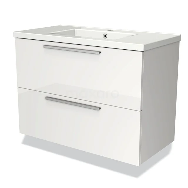 White Bathroom unit with two soft-close drawers, chrome handles and ceramic basin, sleek design from the Modern Luxe Series.