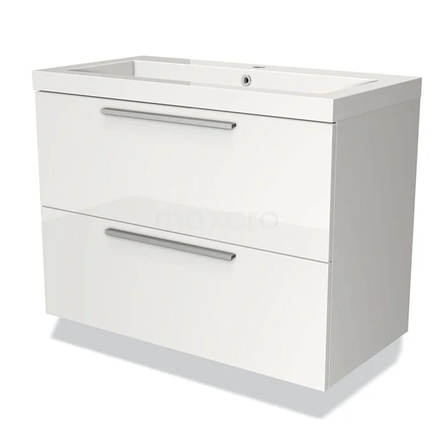 Witte badkamermeubel met twee lades, modern design, metalen handgrepen en geïntegreerde wastafel van keramiek.