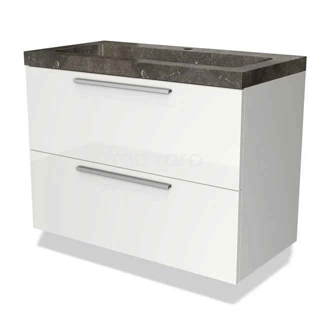 White bathroom cabinet with two drawers, marble basin worktop and sleek handles, modern design for a luxurious bathroom.