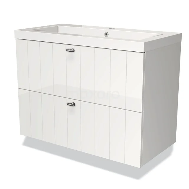 Weißes Badezimmermöbel mit integriertem Waschbecken, zwei Soft-Close-Schubladen und Paneellook; modernes Design für jedes Badezimmer.