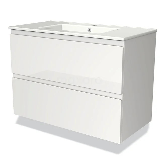 Wit badkamermeubel met twee lades, hoogglans afwerking en geïntegreerde wastafel, modern design.