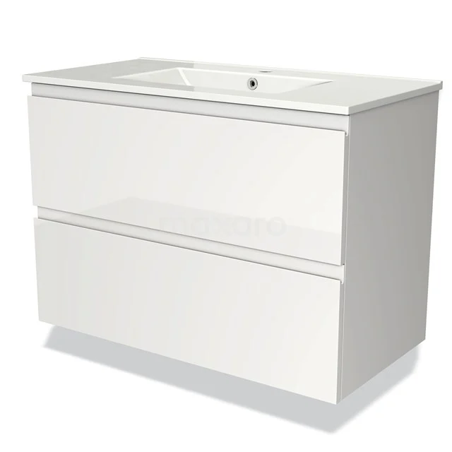 Modulo Vanity units with basin | 90 cm High-gloss white Handle-less front Ceramic 2 Stacked drawers BMW17-02083