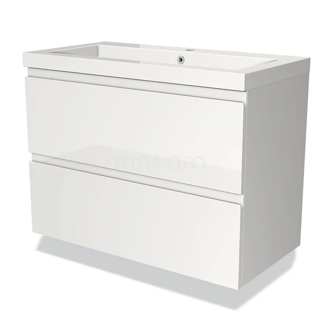 Weiße Badmöbel mit zwei Schubladen, Hochglanzfinish, kompaktes Design; ideal für moderne Badezimmergestaltung.