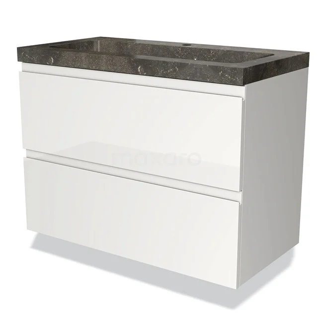 White bathroom cabinet with two drawers and dark stone-look basin worktop, sleek design for modern bathroom design.