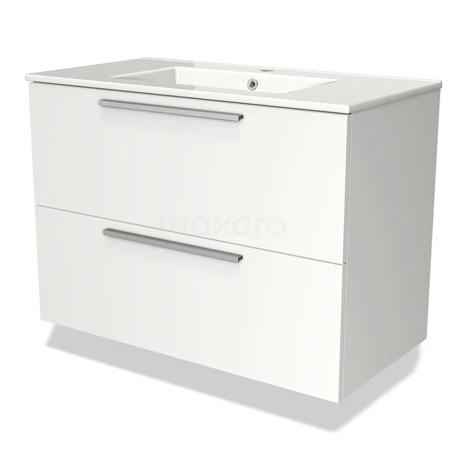 White floating bathroom unit with two drawers and integrated vanity units with basin, sleek design and chrome handles.