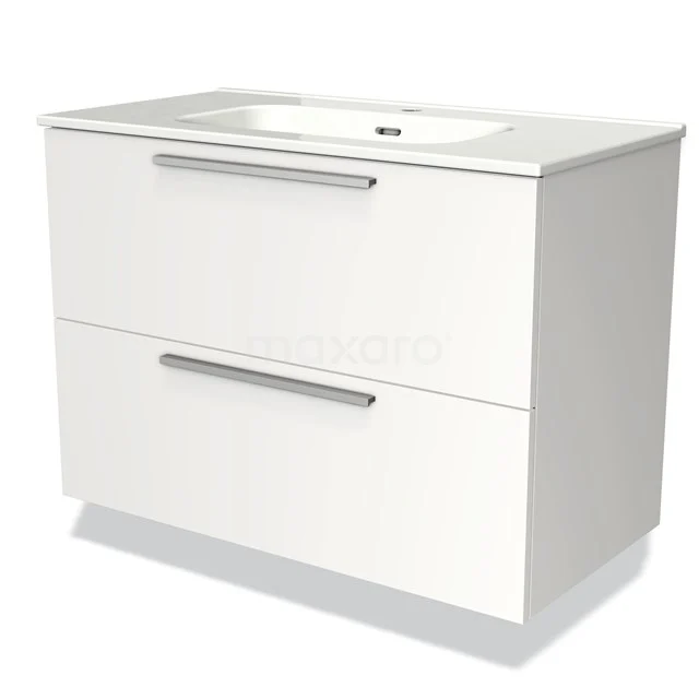 Wit wastafelmeubel met twee lades, strakke handgrepen en geïntegreerde wastafel, ideaal voor een moderne badkamer.