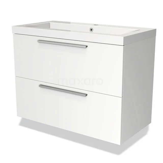 Modulo Vanity units with basin | 90 cm Matte white Flat front Mineral marble 2 Stacked drawers BMW17-02093 White bathroom unit with two drawers and integrated vanity units with basin, minimalist design and metal handles.