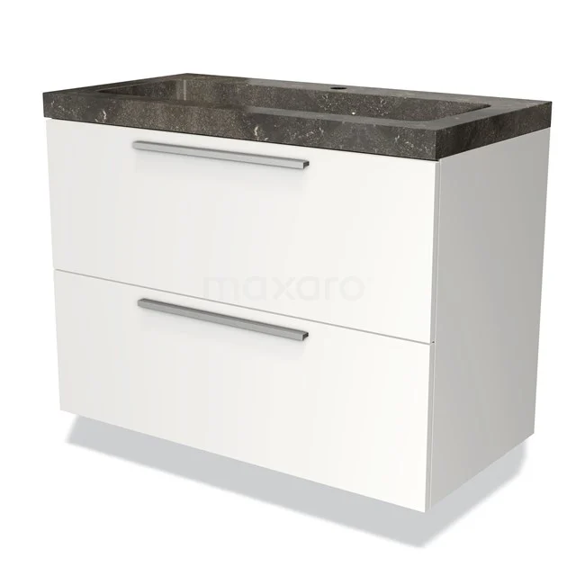 Weißes Badezimmermöbel mit zwei Schubladen und einer dunklen Marmor-Waschtischplatte, modernes Design für stilvolle Badezimmergestaltung.