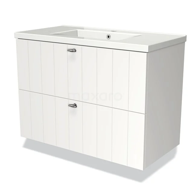 Modulo Vanity units with basin | 90 cm Matte white Slat front Ceramic 2 Stacked drawers BMW17-02098 White Bathroom unit with two drawers, panel finish, ceramic vanity units with basin and chrome handles, ideal for modern bathroom.