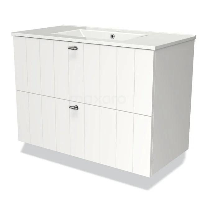 White bathroom unit with integrated basin, vertical slat structure and two spacious drawers, perfect for a modern bathroom.