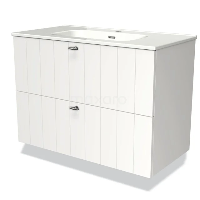 White bathroom unit with wood grain pattern, two drawers and integrated vanity units with basin, ideal for modern bathroom design.