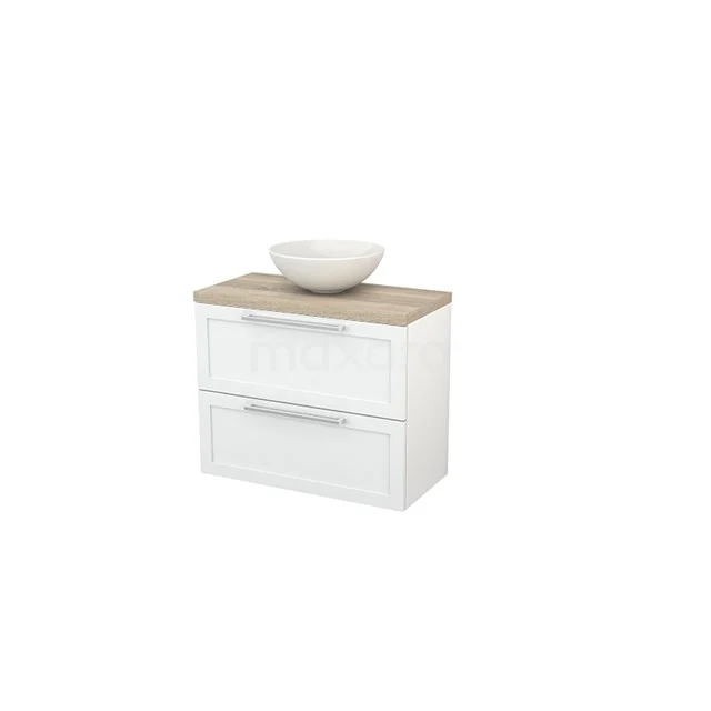 Modulo+ Plato Slim Vanity units for countertop basin | 80 cm High-gloss white Frame front Oak worktop 2 Stacked drawers BMD000093 White Bathroom unit with two drawers, wooden worktop and basin; modern design, ideal for storage space in the bathroom.