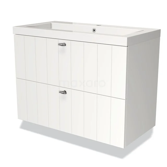 Weißes Badezimmermöbel mit zwei Softclose-Schubladen, vertikalen Linien und keramischem Waschbecken, ideal für moderne Bäder.