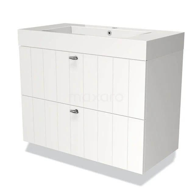 White wooden bathroom unit with two soft-close drawers and an integrated vanity units with basin, perfect for a modern bathroom style.