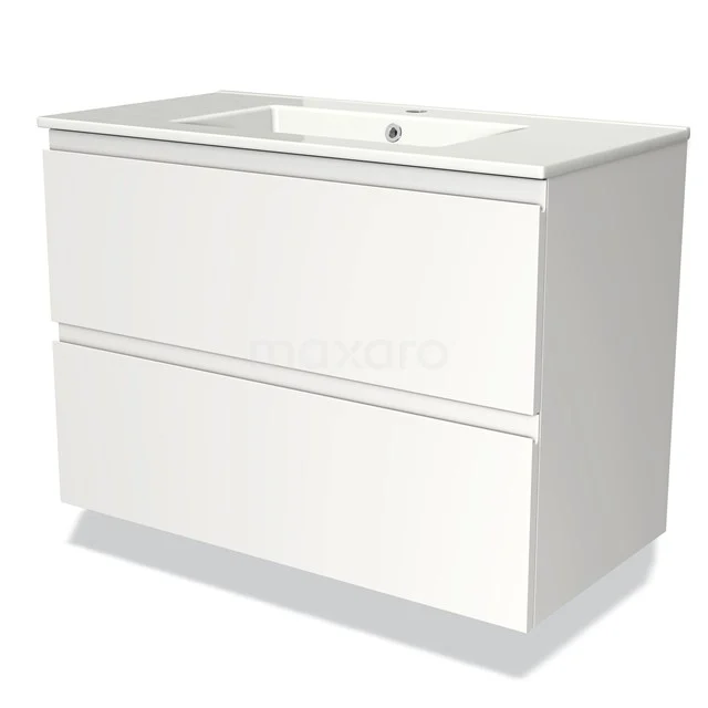 White bathroom unit with two drawers, modern design, high-gloss finish, including integrated vanity units with basin.