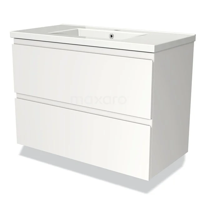 Modulo Vanity units with basin | 90 cm Matte white Handle-less front Ceramic 2 Stacked drawers BMW17-02106 White bathroom unit with two drawers, modern design, made of high-gloss MDF, perfect for stylish bathroom storage.