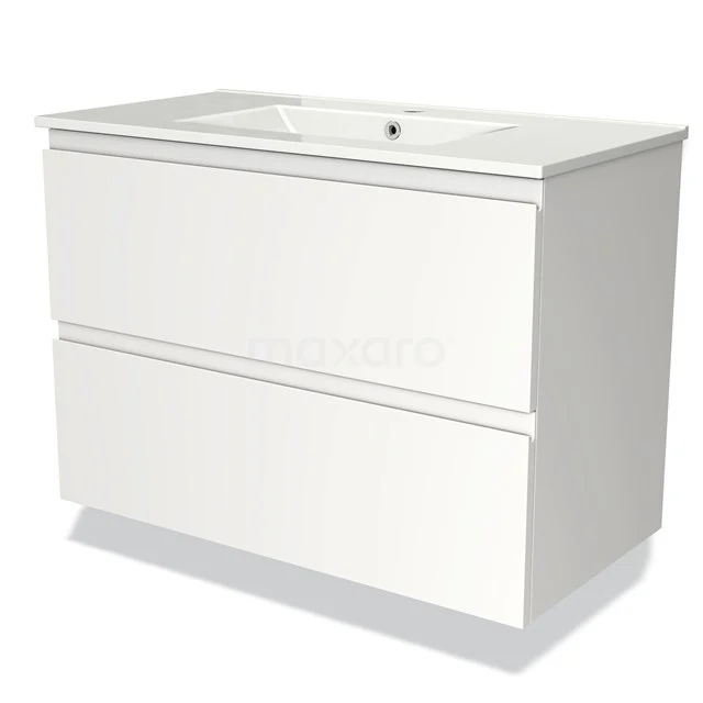 Weißes Badezimmermöbel mit zwei Schubladen, minimalistisches Design, glänzende Oberfläche und integriertes Waschbecken.