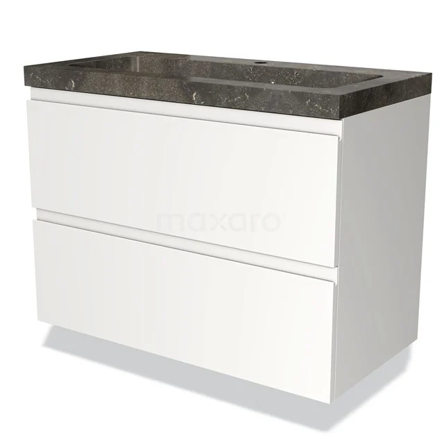 Weißes Badmöbel mit zwei Schubladen, schwarzer Naturstein-Waschtischplatte; modernes Design, ideal für stilvolle Bäder.