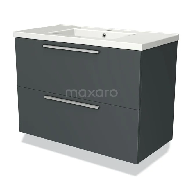 Grey bathroom cabinet with two drawers, modern design, white basin worktop, ideal for a stylish and organised bathroom.