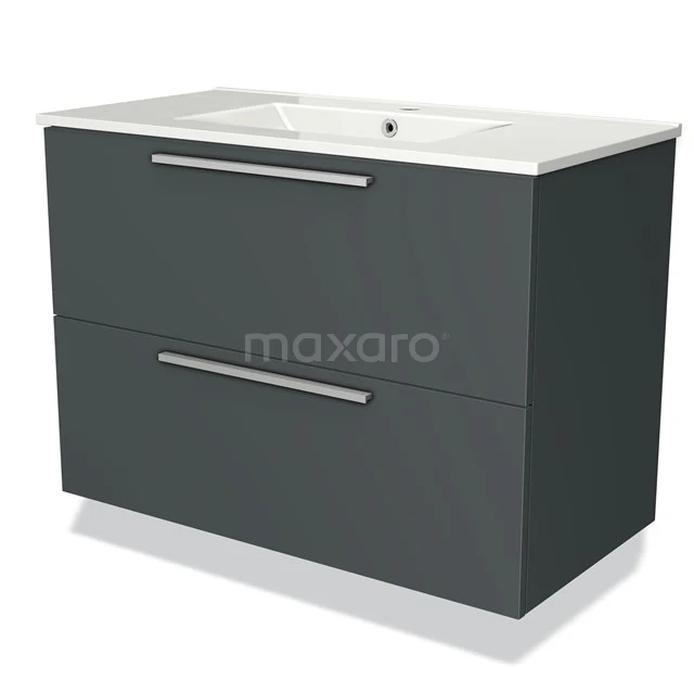 Donkergrijs zwevend badkamermeubel met witte wastafel, twee lades en metalen handgrepen, modern design.