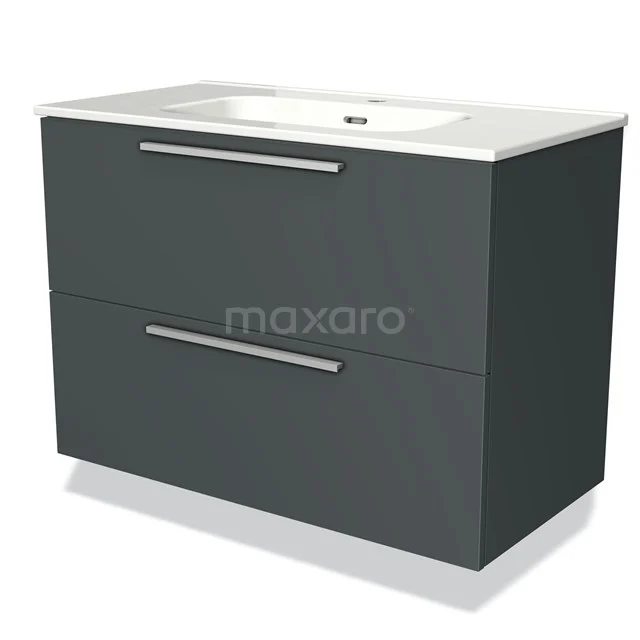 Donkergrijs badmeubel met twee lades, witte keramische wastafel en minimalistische handgreep, ideaal voor moderne badkamers.