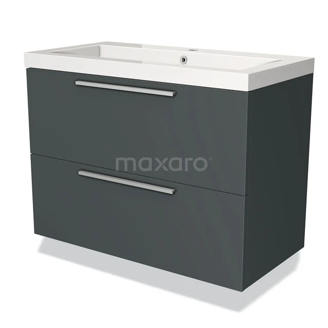 Grijs badkamermeubel met twee lades, modern design, witte wastafel en metalen handgrepen; ideaal voor een stijlvolle badkamer.