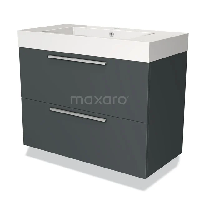 Dark grey bathroom cabinet with two drawers and white ceramic basin, ideal for modern bathroom storage.