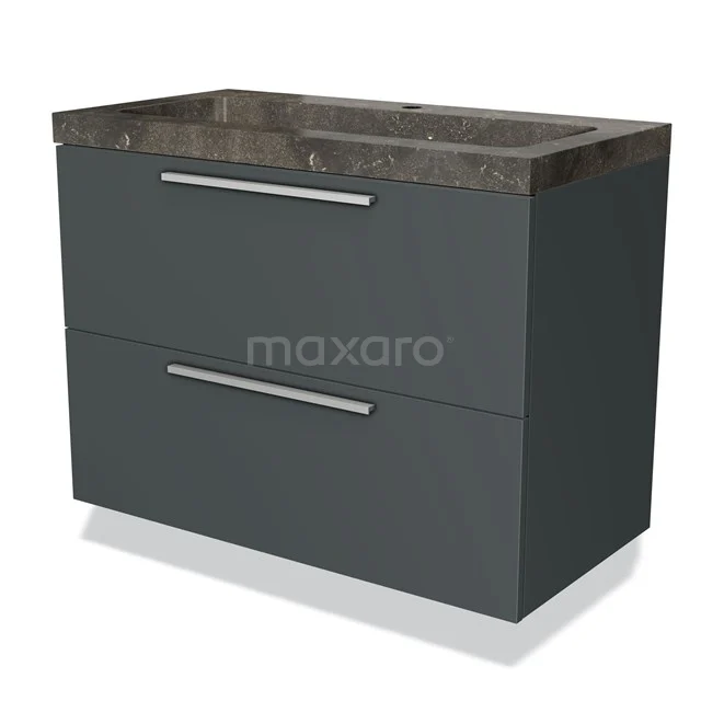 Antraciet badkamermeubel met twee lades, natuurstenen wastafelblad en strakke chromen grepen, modern design.