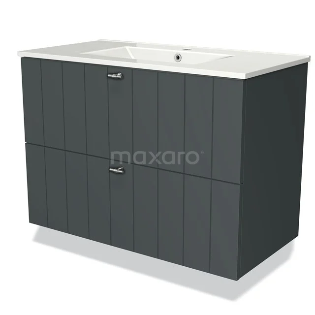 Grijze badmeubelset met twee lades, witte keramische bovenkant, modern design; ideaal voor stijlvolle badkameropslag.