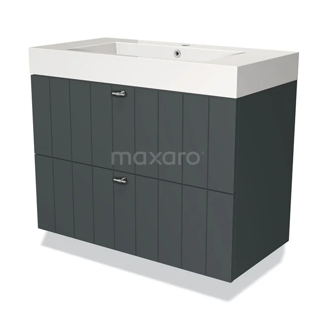 Dark grey bathroom furniture set with white ceramic basin, featuring two drawers with vertical ribbed structure.