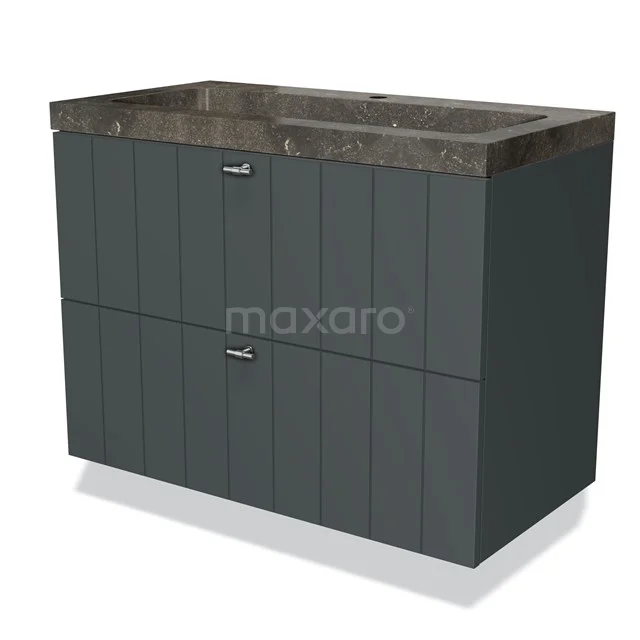 Grijze badkamermeubelset met dubbele lade en marmeren wastafel, modern design en houtlook panelen.