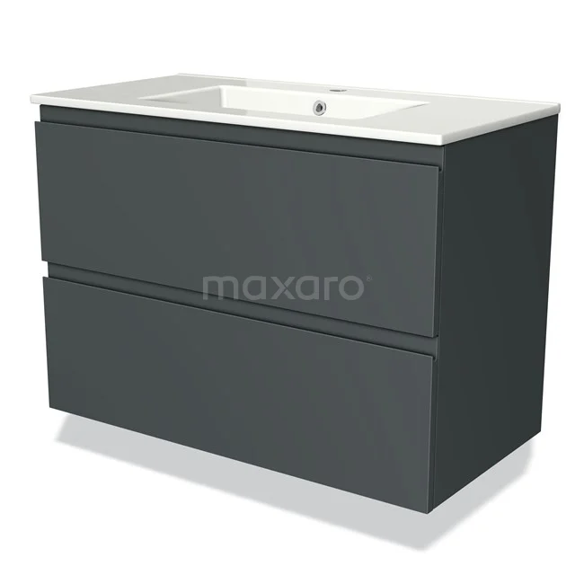 Donkergrijze badkamermeubel met twee lades, witte keramische wastafel en strak modern design. Perfect voor een stijlvolle badkamer.