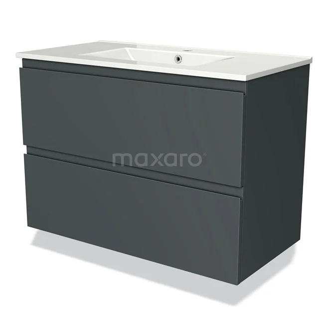 Dark grey bathroom furniture set with two drawers and ceramic basin, modern design ideal for a stylish bathroom.