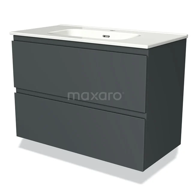 Dark grey bathroom furniture set with ceramic basin and two soft-close drawers, modern design for a stylish bathroom.