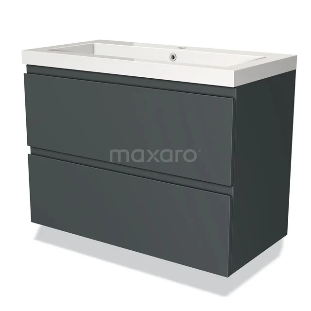 Dark grey wooden bathroom furniture set with built-in white basin, minimalist design, ideal for modern bathrooms.