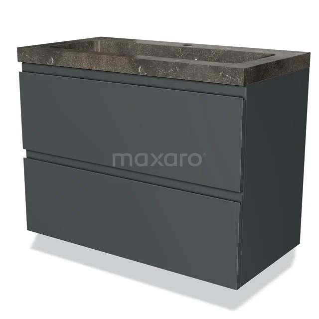 Donkergrijze wastafelmeubel met twee lades en een marmeren blad, ideaal voor een moderne badkamer.