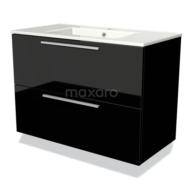 Zwart glanzend badkamermeubel met twee lades, chromen handgrepen en witte wastafel, modern design.