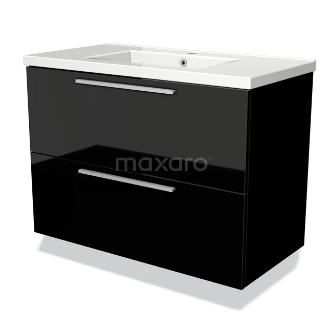 Modulo Bathroom furniture with sink | 90 cm High-gloss black Flat front Ceramic 2 Stacked drawers BMW17-02138 Black glossy bathroom unit with two wide drawers and ceramic basin, modern design and clean lines.