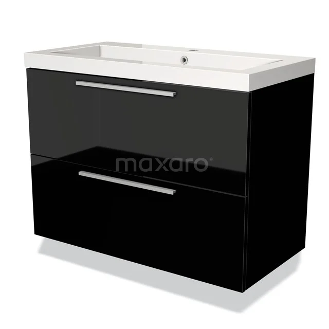 Zwart glanzend wastafelmeubel met twee lades, modern design en ruime opbergruimte, perfect voor een strakke badkamerstijl.