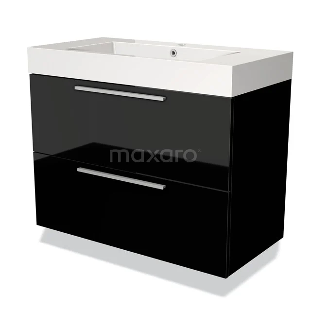 Modulo Waschtische | 90 cm Hochglanz Schwarz Flach front Mineralguss 2 übereinanderliegende Schubladen BMW17-02142 Schwarz glänzendes Badmöbel mit zwei Schubladen, chromatischen Haltegriffen und weißem Waschbecken, modernes Design.