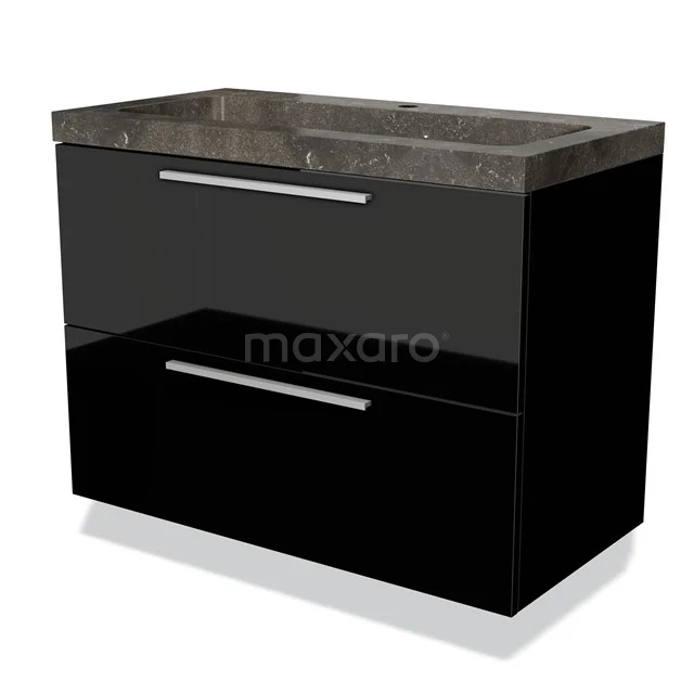 Black glossy bathroom unit with marble vanity units with basin, featuring two drawers and a modern, sleek design.