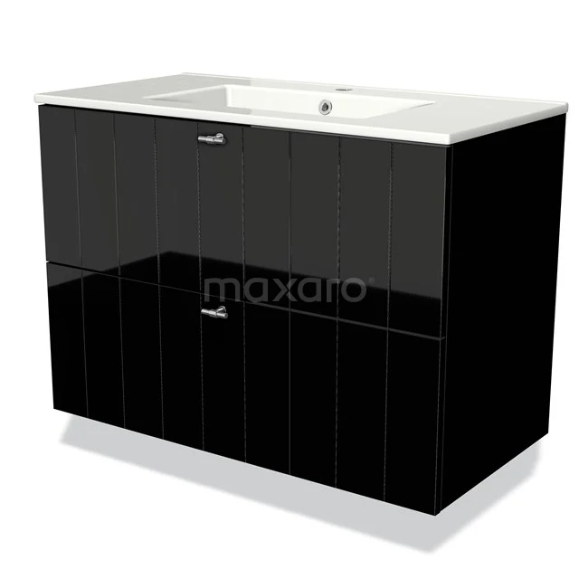 Zwarte badkamerkast met hoogglansafwerking en geïntegreerde witte wastafel, modern design en roestvrijstalen handgrepen.