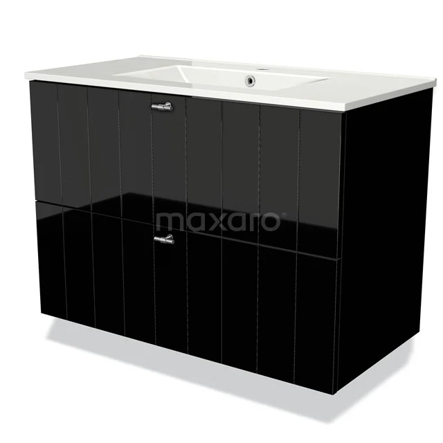 Black bathroom cabinet with glossy front, two drawers and white ceramic basin, modern design.