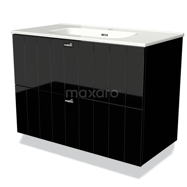 Schwarze Badmöbelset mit glänzender Oberfläche, zwei Schubladen und integriertem weißen Waschbecken für einen modernen Badezimmerstil.