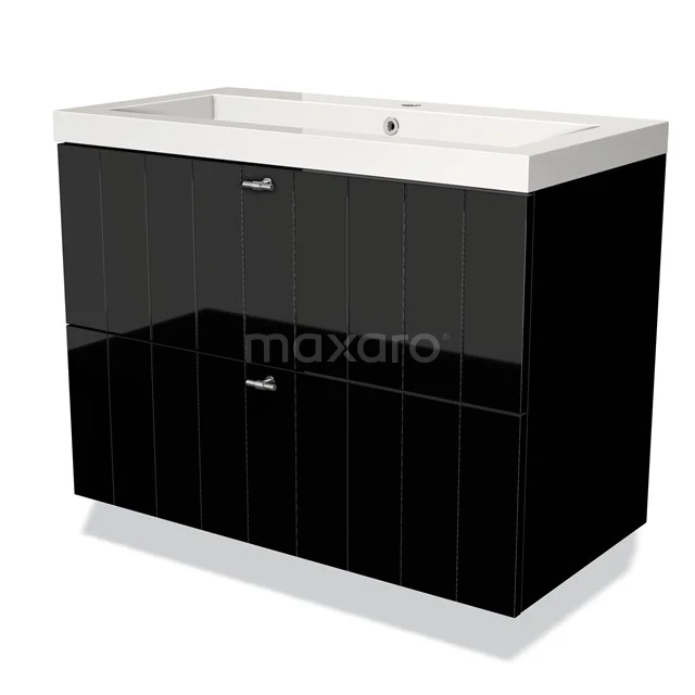 Black bathroom furniture set with high-gloss finish, two drawers and an integrated ceramic basin.