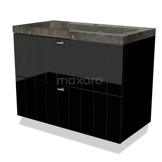 Modulo Badkamermeubel met wastafel | 90 cm Hoogglans zwart Lamel front Natuursteen 2 lades onder elkaar BMW17-02152